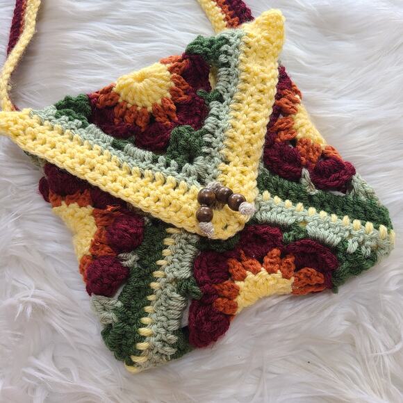 Vintage Handmade Crochet Floral Granny Square Purse Shoulder Bag Boho Cottage - Picture 3 of 5